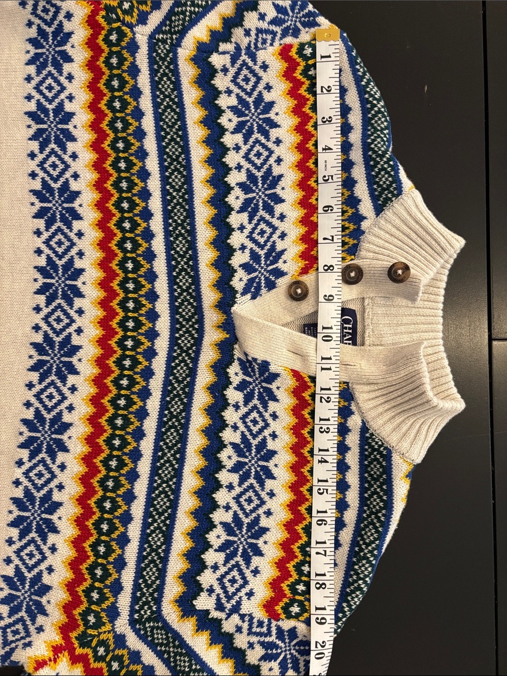 CHAPS Men’s L Fair Isle Nordic Sweater 100% Cotton Quarter Button Cream - Picture 8 of 10